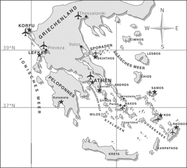 kaart met zeilbestemmingen Griekenland